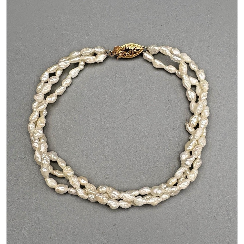Triple Strand Freshwater Pearl Bracelet 14kt Gold Filigree Clasp 7.25"